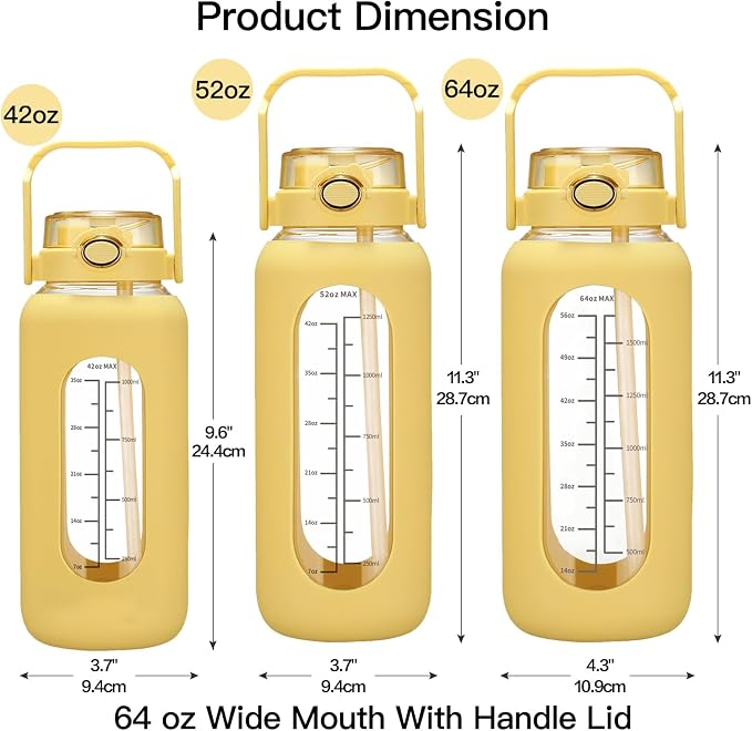 chunmo 64oz Glass Water Bolttles with Straw Half Gallon Large Motivational Water Bottle with Time Marker Sports Water Bottles with Silicone Sleeve and Handle Lid Water Jug for Gym Workout