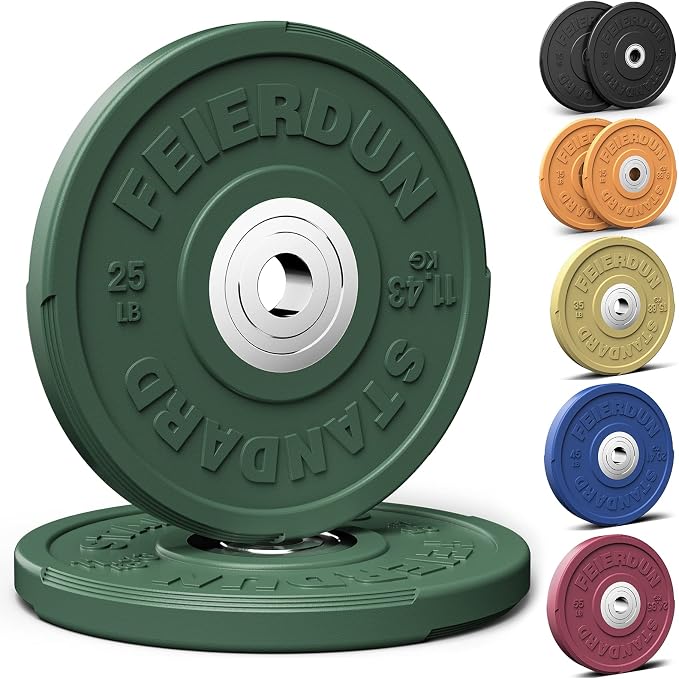 FEIERDUN Color Bumper Plate Set, 2-Inch Olympic Weight Plates, Low Bounce Rubber Barbell Plates with Stainless Steel Insert for Weightlifting, Strength Training, CrossFit & Home Gym, 10LB-370LB