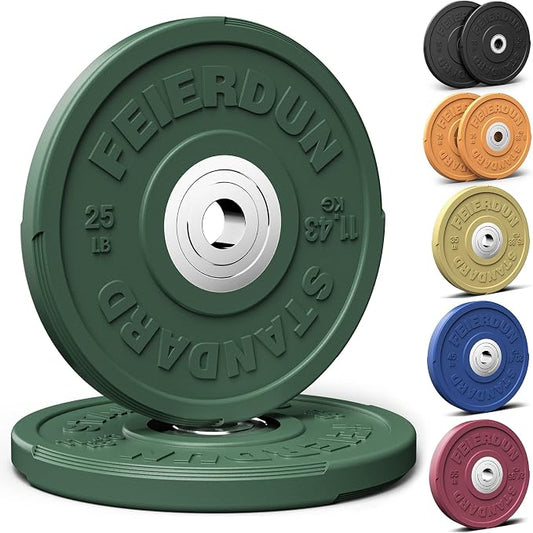 FEIERDUN Color Bumper Plate Set, 2-Inch Olympic Weight Plates, Low Bounce Rubber Barbell Plates with Stainless Steel Insert for Weightlifting, Strength Training, CrossFit & Home Gym, 10LB-370LB