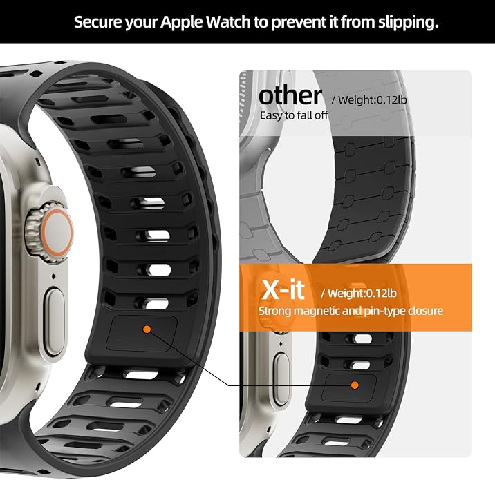 X-it Magnetic Watch Band for Apple Watch Ultra 49mm, 46mm/45mm/44mm, Silicone Sport Strap with Strong Magnet for Men and Women, Compatible with Apple Watch Series 11/10/9/8/7/6/5/4/3/2/1 and SE