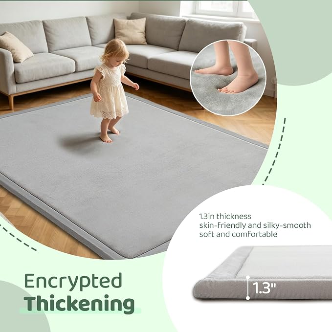Baby Play Mat for Floor, 118'' x 79'' Thicken Foam Soft Padded Playmat for Tummy Time, Playpen Mat for Toddlers Infant, Water-Repellent Coral Velvet, Non-Slip Bottom Safe for Crawling (Light Grey)