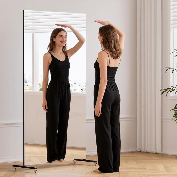brisafe 71" x 40" Full Length Floor Mirror, Lockable Wheels for Easy Moving & No Wobble, Shatter‑Resistant Glass for Worry‑Free Practice, Ideal for Home Dance, Yoga & Gym, Black Metal Frame