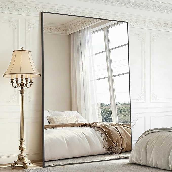 Mirrorons 72"x44" Oversized Black Full Length Mirror, Floor Standing or Wall Mounted with Hanging Kit, Shatterproof Tempered Glass Mirror for Living Room, Bedroom, Dressing Room, Gym