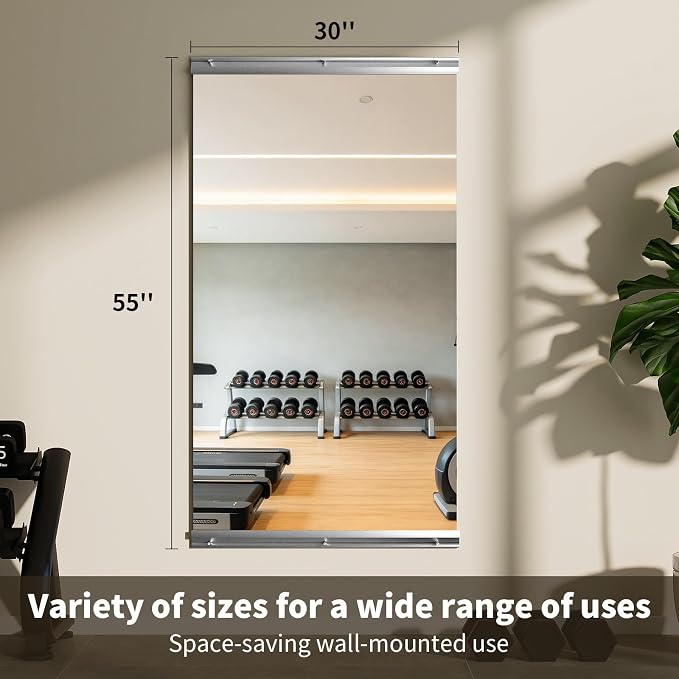 VooBang Home Gym Mirror 1 PCS 30"×55", Frameless Wall Mirror Full Length | Shatterproof Tempered Glass Large Body Mirror Hanging for Dancing Studio, Exercise, Fineness, Yoga