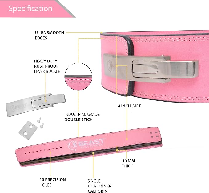 Beast Power Gear Weight Lifting Belt Lever Buckle 10MM 13MM Thick & 4 Inches Free Strap Weightlifting, Powerlifting, Deadlifts, Squats Men Women