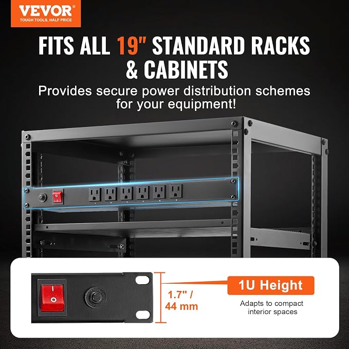 VEVOR 12 Outlet Horizontal 1U Rack Mount PDU Power Strip for Network Server Racks, Surge Protection & Overload Protection, 110-125V/15A, with 6ft 14AWG Power Cord