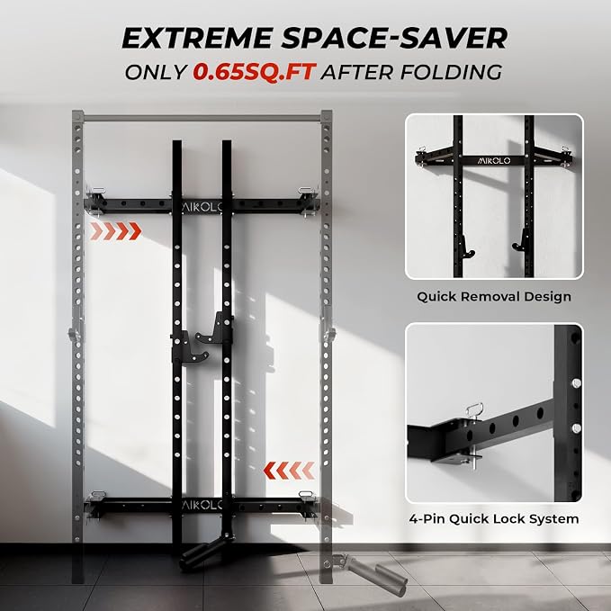 Mikolo 2" x 2" Folding Wall Mounted Squat Rack, 1000 Pounds Capacity Power Rack with Pull Up Bar, J Hooks and Other Attachments, Space-Saving Home Gym