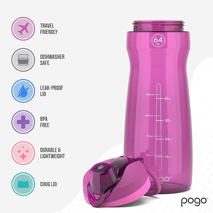 Pogo 64oz Plastic Water Bottle with Chug Lid and Carry Loop, Fuchsia | Leakproof water bottle with chug lid and capacity markings. BPA-free, great for travel, school, outdoors, and gym.