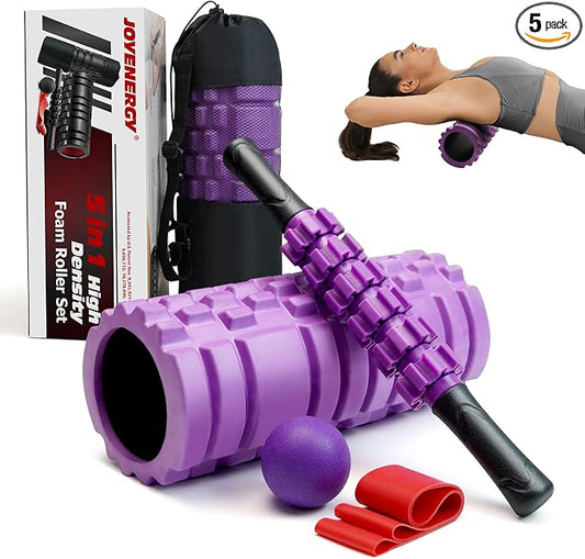 5 in 1 Foam Roller Set High Density Patented Foam Roller for Exercise | Foam Roller Massage Stick, Massage Ball, Resistance Band for Deep Muscle Massage Pilates Yoga Trigger Point Release Purple
