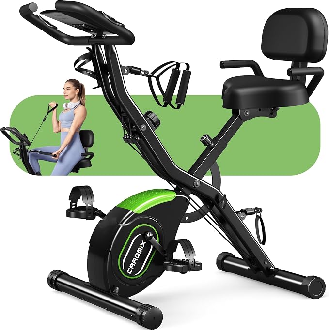Caromix Folding Exercise Bike, 5 in 1 Stationary Bike with 16-Level Adjustable Magnetic Resistance, 330LB Capacity Indoor Workout Bike, Foldable Exercise Bike for Seniors and Adult