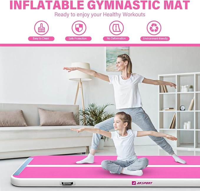 AKSPORT Gymnastics Air Mat Tumble Track Tumbling Mat Inflatable Floor Mats with Air Pump for Home Use/Tumble/Gym/Training/Cheerleading/Parkour/Beach/Park/Water