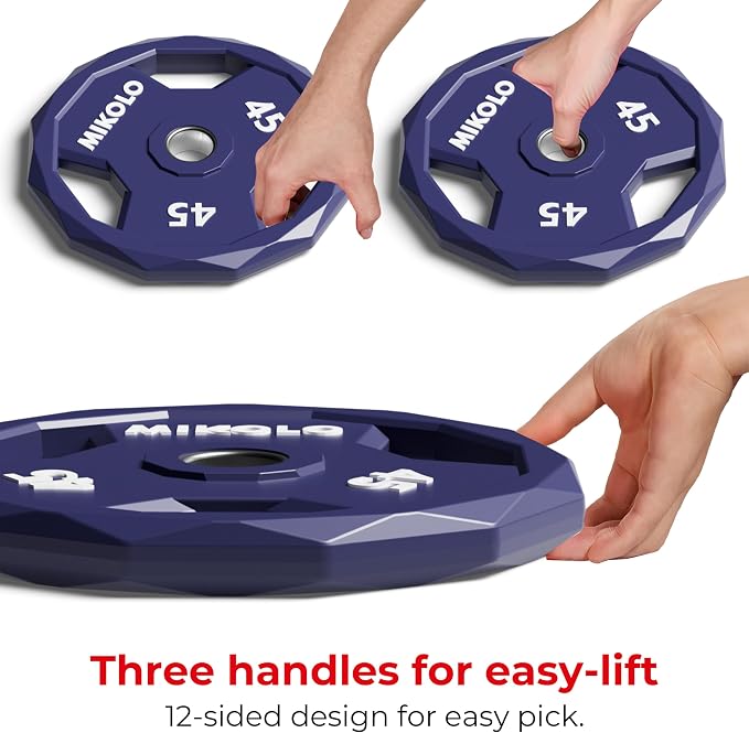 Mikolo Olympic Weights Set 2-Inch Rubber Coated Plates, 12-Sided Non-Roll Weight Plates Grip with 3 Handles for Home Gym, Strength Training, Single, Pair and Sets(5/10/15/25/35/45 LB)