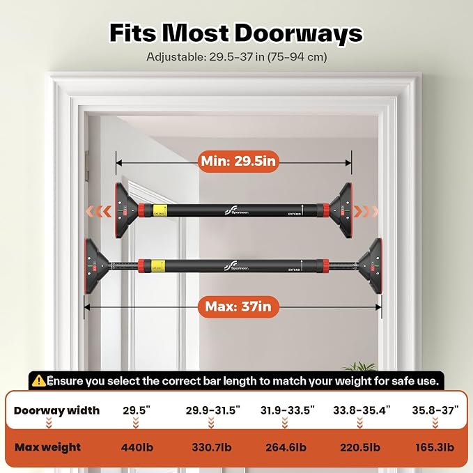 Sportneer Pull Up Bar for Doorway, No-Drill, Adjustable 29.5-37 in, 440 lb | Doorway Fit, No-Drill, Secure Lock, Adjustable, 440 lb, Home Gym Upper Body Workout,Strength Training