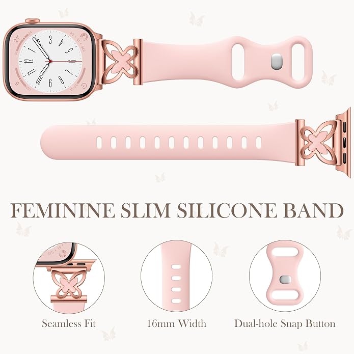 Lerobo Slim Silicone Band Compatible with Apple Watch Bands for Women | Dressy Metal Butterfly 16mm Thin Strap for iWatch Series 11 10 9 8 7 6 5 4 SE Ultra 38mm 40mm 41mm 42mm 44mm 45mm 46mm 49mm
