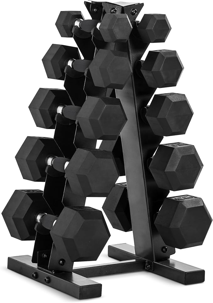 CAP Rubber Coated Hex Dumbbell Set with Storage Rack | 100–210 lb Options, Space-Saving Vertical Compact Storage for Home Gym Strength Training
