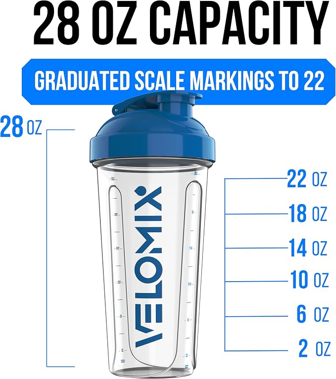 VELOMIX 2 Pack 28oz Protein Shaker Bottle, Blue/Transparent | 2x Wire Whisk, Leak Proof Shaker Cups for Protein Shakes, Stackable, Dishwasher safe, BPA free, Pre Workout and Fitness ready
