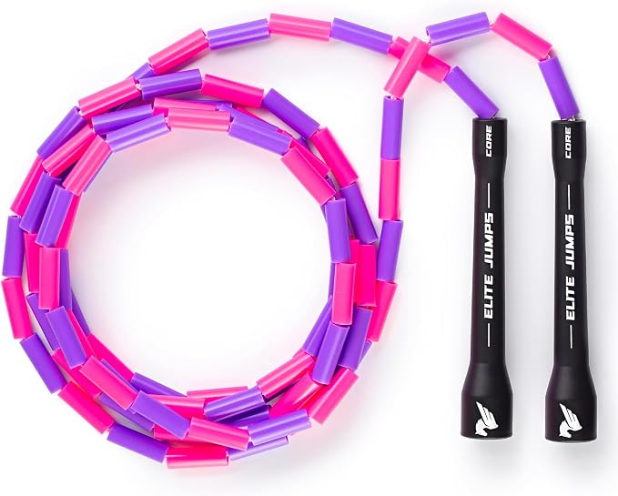Elite Jumps Beaded Kids Jump Rope, Adjustable, Pink Purple, 9 ft | Shatterproof segmented beads. Tangle-free and lightweight. Fun fitness and outdoor play for kids.