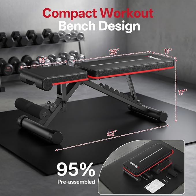 PASYOU Adjustable Weight Bench, 660LB Capacity Foldable Workout Bench, Incline Flat Bench Press for Home Gym, Dual-Frame Strength Training Bench, No Assembly Required, Wider Seat
