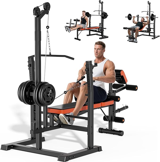 XDDIAS 9-in-1 Olympic Weight Bench Set with Lat Pulldown, Rowing, Squat Rack, Leg Extension/Curl, Preacher Pad, 900LB Adjustable Bench Press for Home Gym Weight Lifting Full-Body Workout
