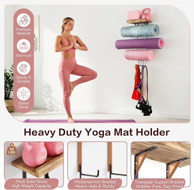 VINAEMO Yoga Mat Holder Accessories Wall Mount Organizer Storage Decor Foam Roller and Towel Storage Rack with 4 Hooks and Wooden Shelves Yoga Mats Rack Resistance Bands for Home Gym School Office