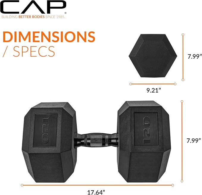 CAP Rubber Coated Dumbbell Weights, Free Weights for Home Gym Strength Training, Anti-Roll Hex Dumbbells with Black, Chrome & Comfort Grip Handles, Singles
