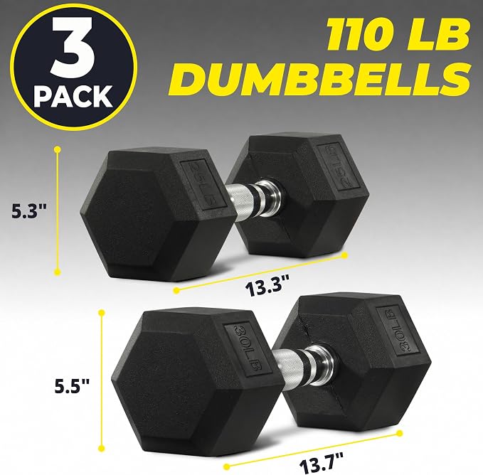 HulkFit Rubber Coated Hex Dumbbells, Anti-Roll Hand Weights, Non-Slip Ergonomic Handle Low Odor for Home Gym