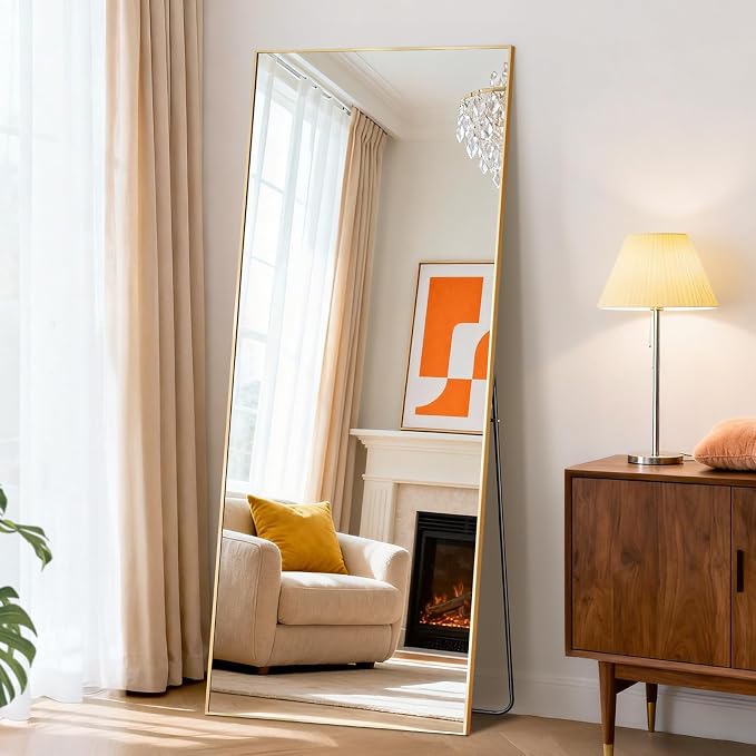 NEWBULIG 56"x21" Full Length Mirror, Full Body Standing Mirror, Gold | Leaning or Standing, Tempered Glass, Aluminum Alloy Thin Frame Floor Stand for Bedroom, Cloakroom