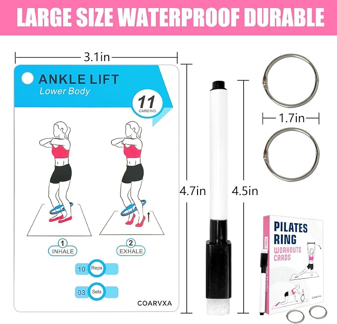 Pilates Ring Workouts for Women-58 Exercise Cards with Pilates Mat Workout Postures，ncludes 4-Week Challenge,2 Rings& Dry-Erase for Easy Organization-Home, Gym or Studio