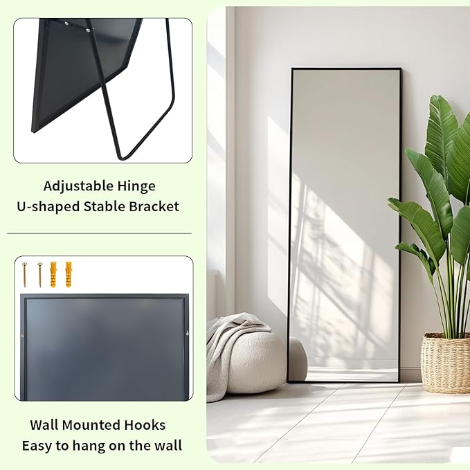 Floor Length Mirror 48x16 inch, Wall Mirror Full Length,Metal Frame | Matte Black Metal Frame, No Distortion, Rust-proof, Easy Installation, Suitable for Living Room, Entryway, Bedroom