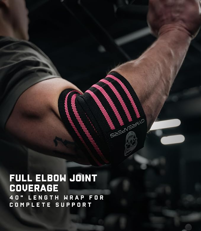 Gymreapers Weightlifting Elbow Wraps (1 Pair) - Flexible 40'' Elbow Compression Strap & Joint Support Brace - for Bench Press, Powerlifting, and Pressing