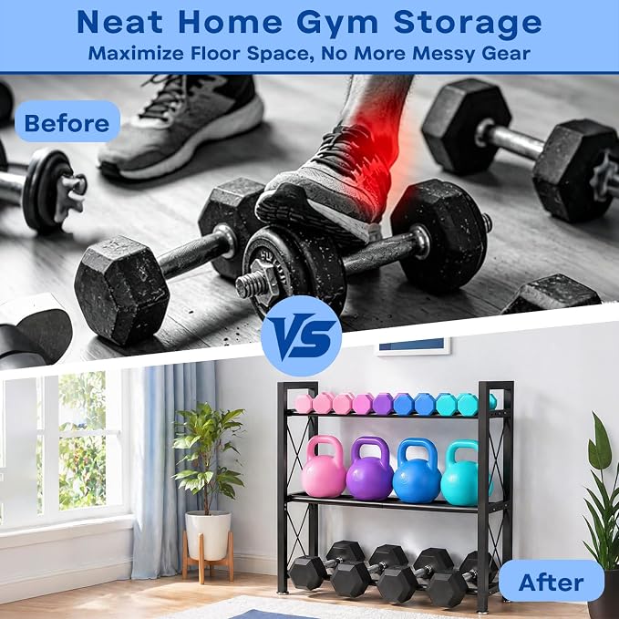 Dumbbell Rack Stand Only, 2 Tier | 3 Tier Adjustable Weight Rack | Thick Steel, Stable Compact H-Frame, Custom Bar Gap, Non-Slip Base, Waterproof Rustproof Coating, For Home Gym Garage Storage