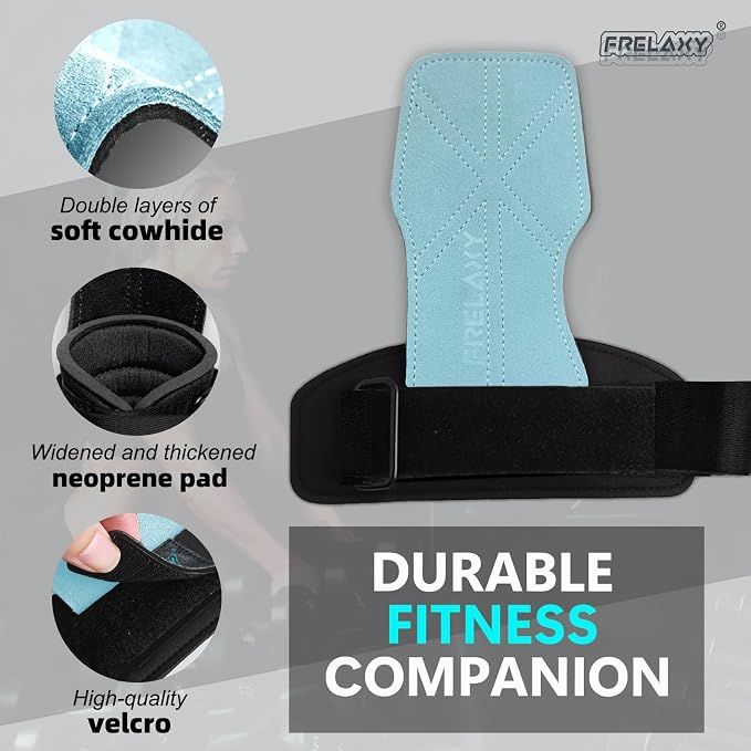 Frelaxy Lifting Wrist Straps for Women and Men, Weight Lifting Grips | Double-layer leather, Cushioned wrist support, Durable construction, Storage pouch, Deadlifts, rows, lat pulldowns