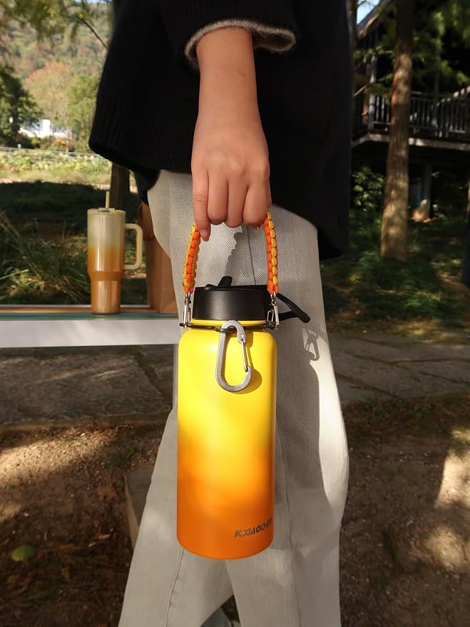 KXIAOCHEN Insulated Water Bottle with Strap, 48-Hour Cold, 2 Lids | Triple-wall insulation, lead-free 18/8 Stainless steel, paracord handle, carabiner clip, for gym, hiking, camping and travel
