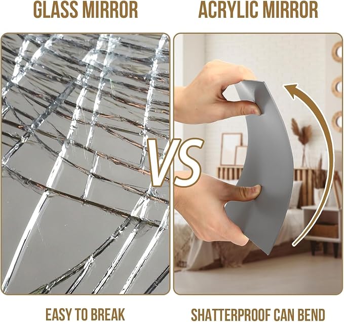 JUNEBRUSHS 4 Pack Self Adhesive Acrylic Mirror, 8 x 8 Inch Mirror Tiles | Flexible Plastic Mirror Sheets Wall Stickers, 2MM Thick Mirrors