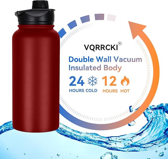 32 oz Insulated Water Bottle with Straw Lid & Wide Mouth Lids, Stainless Steel Sports Water Bottles, Double Walled Vacuum, Leak Proof, Red