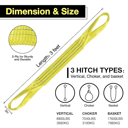 Lift Sling Straps,3" x 3' 2-Ply Heavy Duty Twist Eye Lift Sling | Polyester Lifting Straps Not Nylon Tree Saver Recovery Strap Web Rigging Securing Moving Tow Hoisting Gear Strap 17600lb
