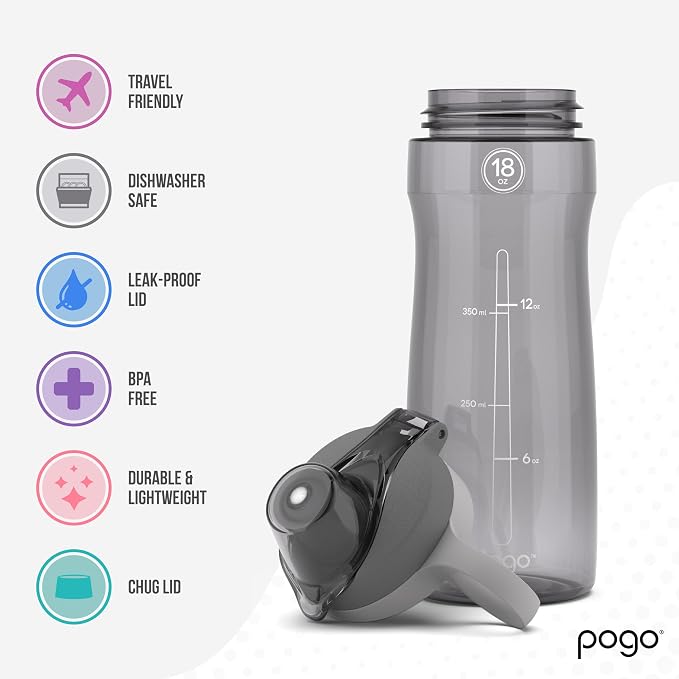 Pogo BPA-Free Tritan Plastic Water Bottle with Chug Lid, 18 Oz, Grey | Leakproof water bottle with chug lid and carry handle. BPA-free, great for travel, school, outdoors, and gym.