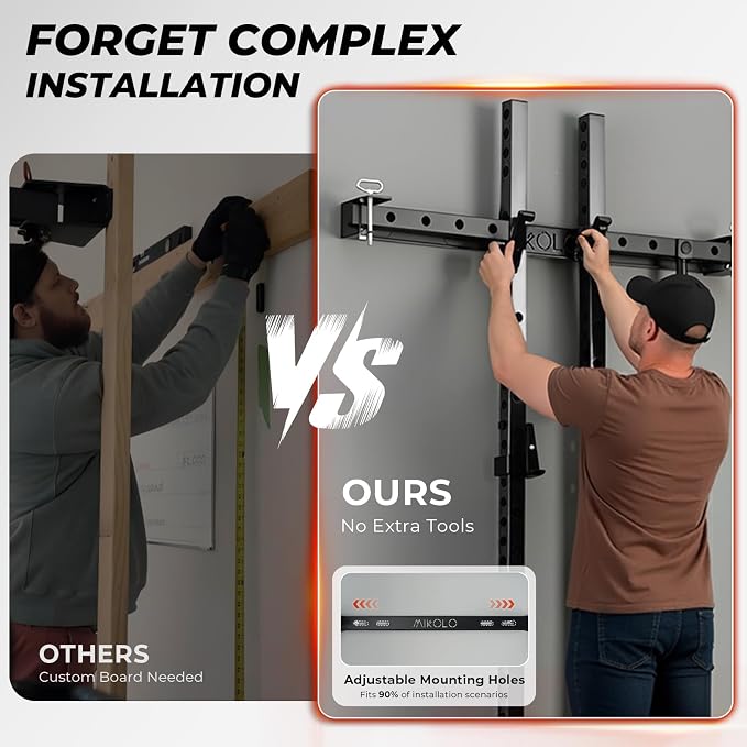 Mikolo 2" x 2" Folding Wall Mounted Squat Rack, 1000 Pounds Capacity Power Rack with Pull Up Bar, J Hooks and Other Attachments, Space-Saving Home Gym