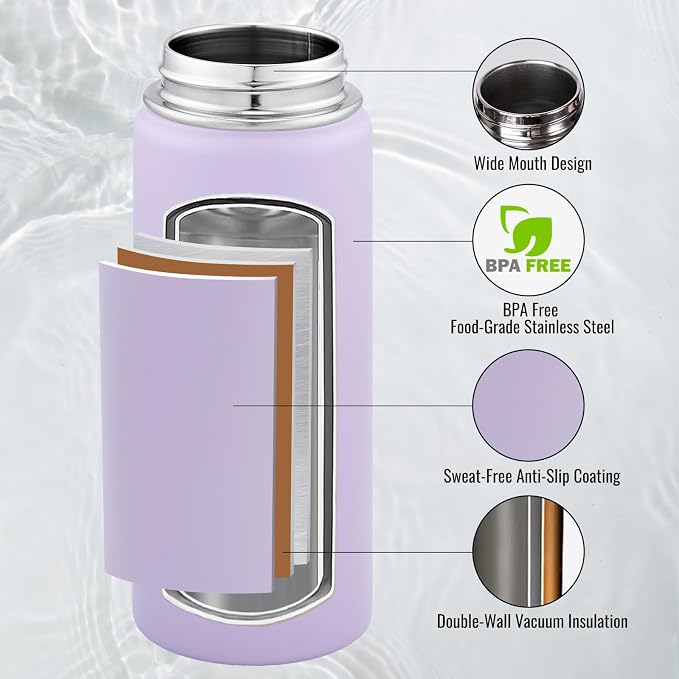Fijinhom Insulated Water Bottle with Handle, 304 Stainless Steel Water Bottles with Wide Mouth, Double Wall Vacuum Sports Water Bottle, BPA Free, Keep Cold and Hot, 18 Ounces, Purple