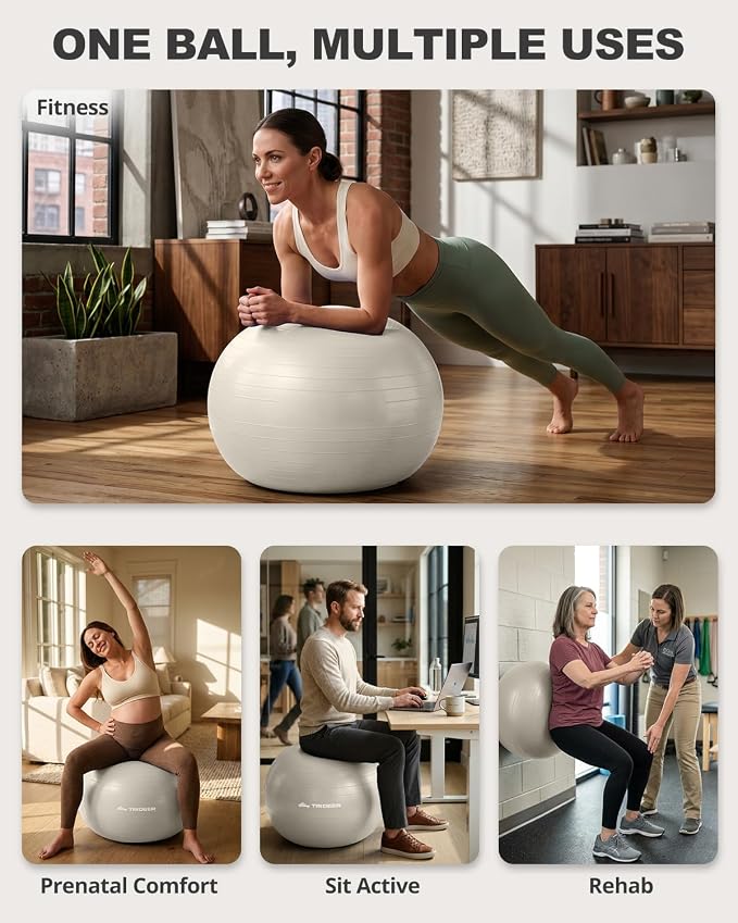 Trideer Yoga Ball for Exercise, Pilates, Core & Balance Training, Stability Ball for Pregnancy & Birthing Prep, Physical Therapy, Daily Stretching, Office Chair for Active Sitting, Quick Pump Included