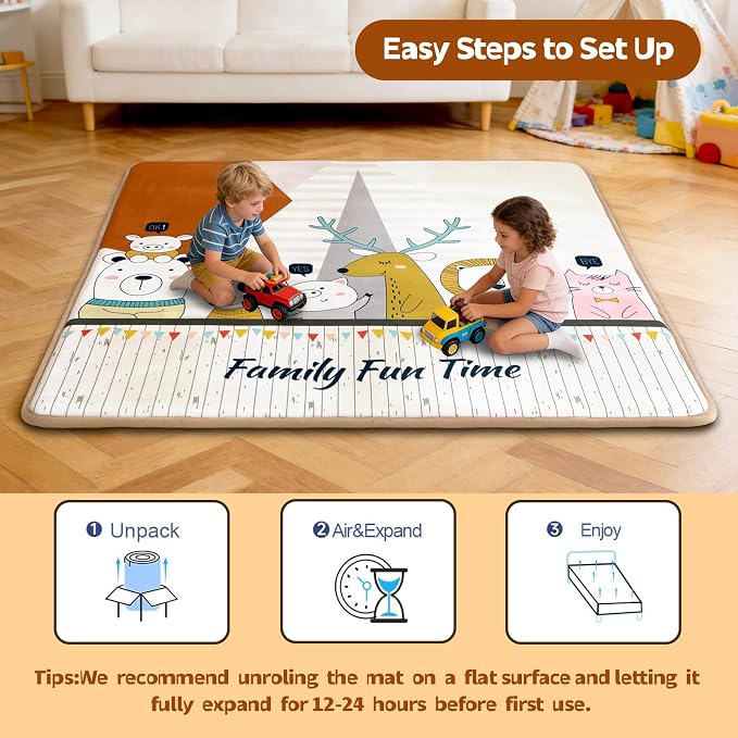 RONGFA Baby Play Mat for Floor, 71'' x 59'' Thicken Foam Padded Playmat for Tummy Time, Playpen Mat for Toddlers Infant Kids, Water-Repellent Coral Velvet, Non-Slip Bottom Safe for Crawling (Animal)