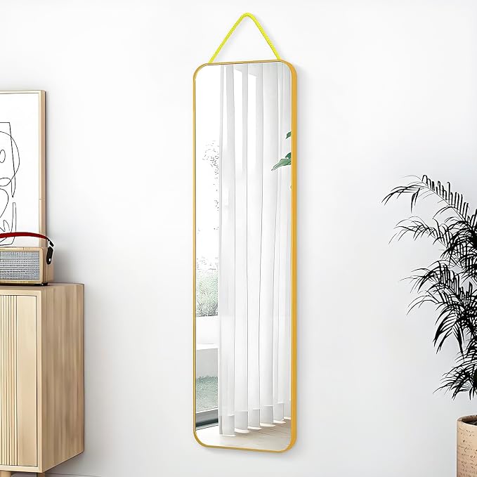 SCWF-GZ 47x14 Mirror Full Body Length Door Hanging/Rope Hang/Wall Mounted Metal Frame Rectangle Mirrors for Bedroom Bathroom Dressing Living Room 47 inch Gold
