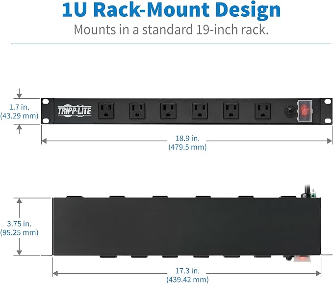 Eaton Tripp Lite 12-Outlet 1U Rack Mount Power Strip PDU, Six Front & Six Rear Facing Outlets, 15A, 120V, 15ft Extension Cord with Flat Plug, Rackmount for DJ Equipment and Server Racks (RS1215-RA)