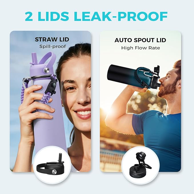 40 OZ Insulated Water Bottles with Straw Lid, Stainless Steel Water Bottle for Men Women, Wide Mouth Water Flask Sports with Shoulder Carrier Bag, Paracord Handle, Straw & Spout Lids