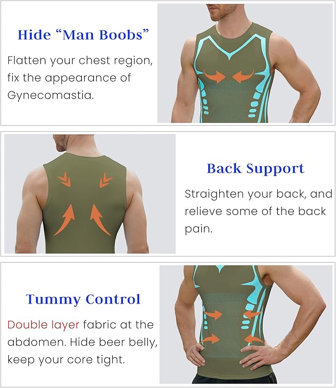 Compression Shirt Men Slimming Body Shaper Vest Crewneck Workout Tank Top | Tummy Control Undershirts, Gynecomastia Compression Shirts, Back Support, Sleeveless Muscle Shirts, Shaping Tank Top