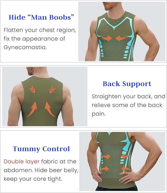 Compression Shirt Men Slimming Body Shaper Vest Crewneck Workout Tank Top | Tummy Control Undershirts, Gynecomastia Compression Shirts, Back Support, Sleeveless Muscle Shirts, Shaping Tank Top