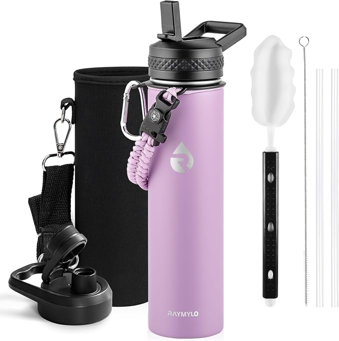 RAYMYLO Insulated Water Bottle 24 oz, Triple Wall Vacuum Stainless Steel | (Cold for 24Hrs, Hot for 12Hrs), Leak Proof & Non-BPA, Modern Water Flask Jug with Paracord Handle & Straw Spout Lids