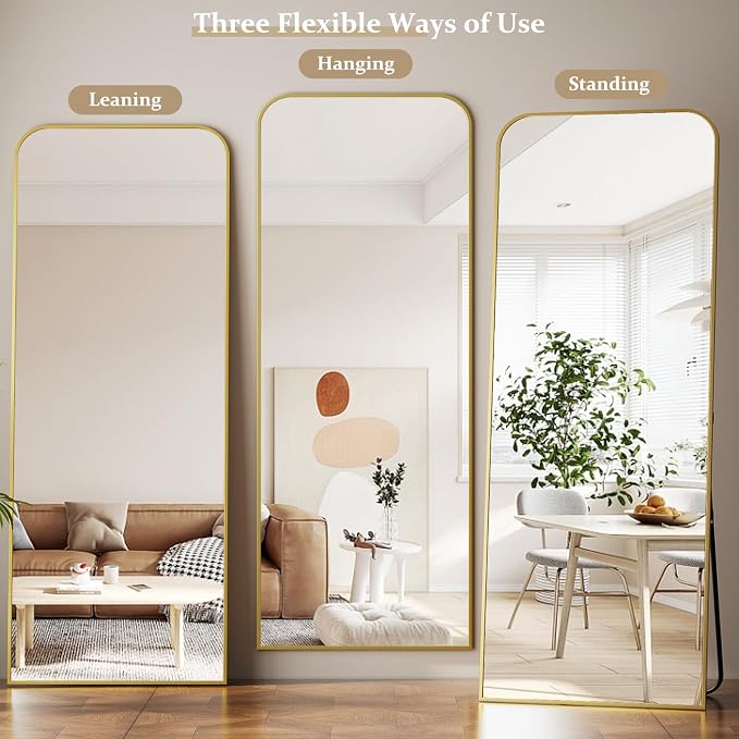 Full Length Mirror 71"x26" Arched Floor Standing Large Mirrors | Full Body Mirror with Stand - with Aluminum Frame for Bedroom Living Room, Gold