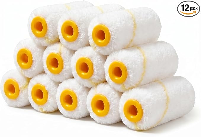 Paint Roller Covers, 2 Inch, 3/8" Nap Microfiber Roller, 12 Pcs | Mini Paint Roller, Small Painting Supplies for Walls, Window Frame, Cabinets & DIY Projects, Used on Semi-rough Surfaces