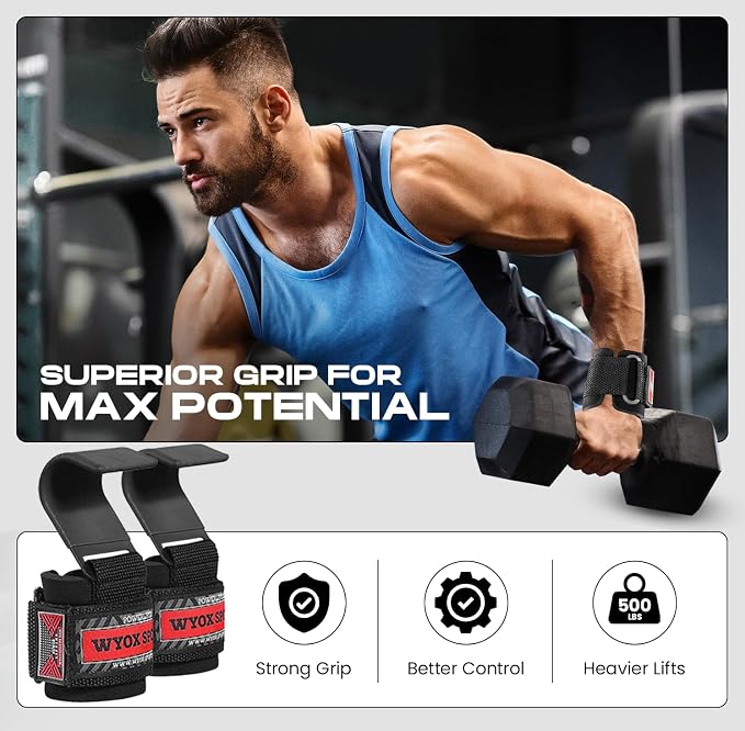 Weight Lifting Hooks for Men & Women – Heavy Duty Gym Hooks with 8mm Padded Wrist Support Grips to Lift Heavier, Reduce Grip Fatigue & Improve Performance for Deadlifts, Pull Ups & Rows, Pair of 2